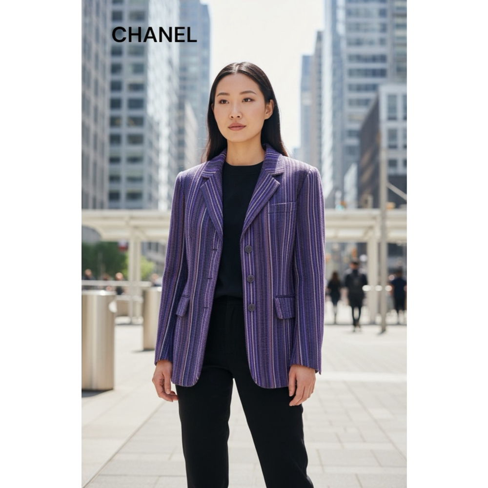 CHANEL AUTHENTIC Purple Striped Classic Blazer Jacket Size 36-4